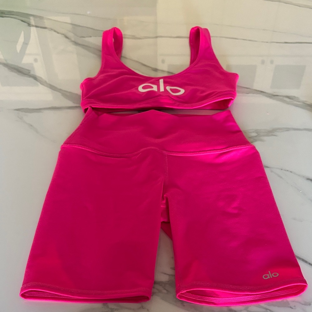 ALO Yoga Pink Sports Bra and Shorts Set